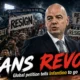 Gianni Infantino surrounded by protesting football supporters in a cinematic FIFA crisis visual highlighting the global petition demanding his resignation.