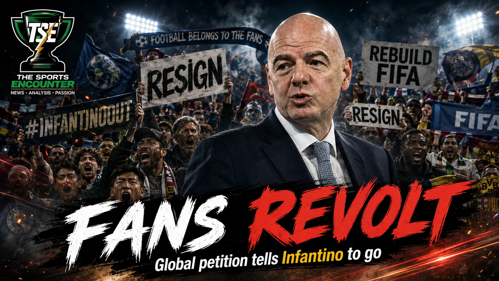 Gianni Infantino surrounded by protesting football supporters in a cinematic FIFA crisis visual highlighting the global petition demanding his resignation.