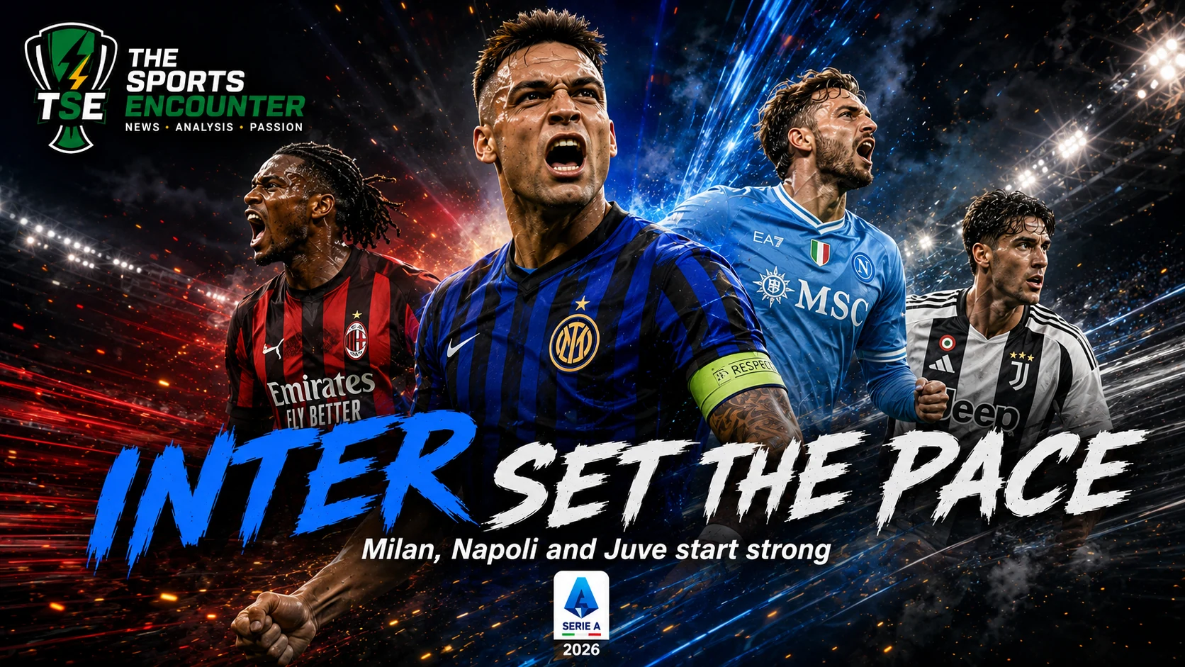 Serie A opening weekend graphic featuring Inter Milan, AC Milan, Napoli and Juventus after the first round of 2026-27 matches.