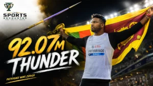 Rumesh Pathirage celebrates with the Sri Lankan flag after winning the Zurich Diamond League men’s javelin with a 92.07-meter throw.