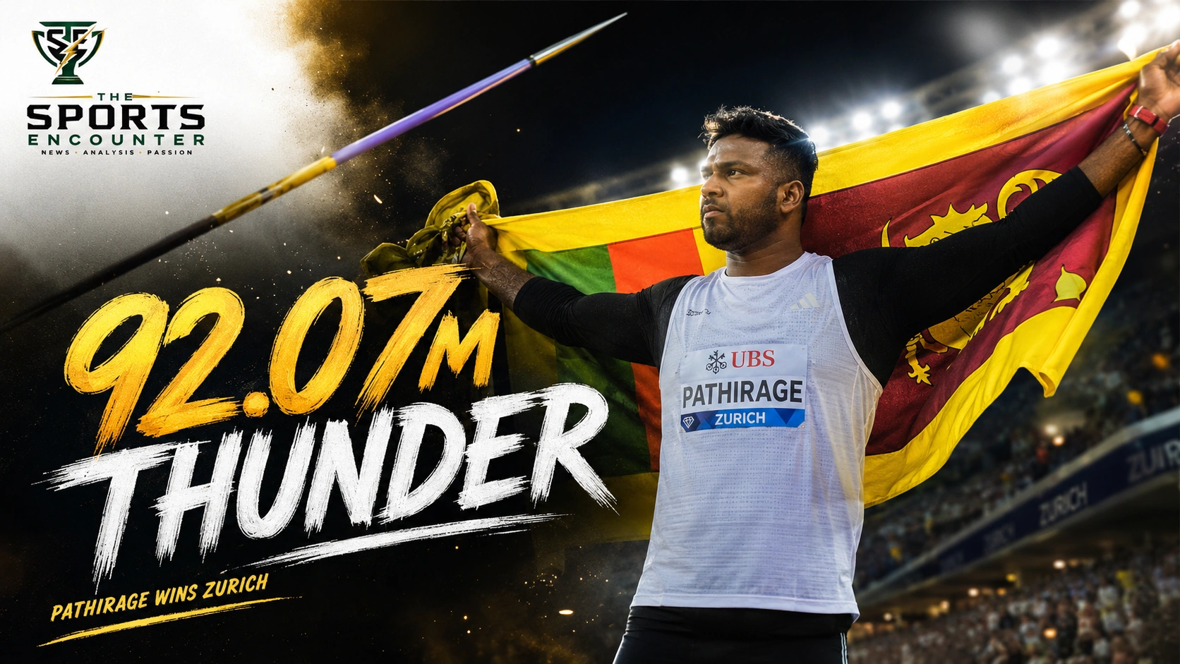 Rumesh Pathirage celebrates with the Sri Lankan flag after winning the Zurich Diamond League men’s javelin with a 92.07-meter throw.