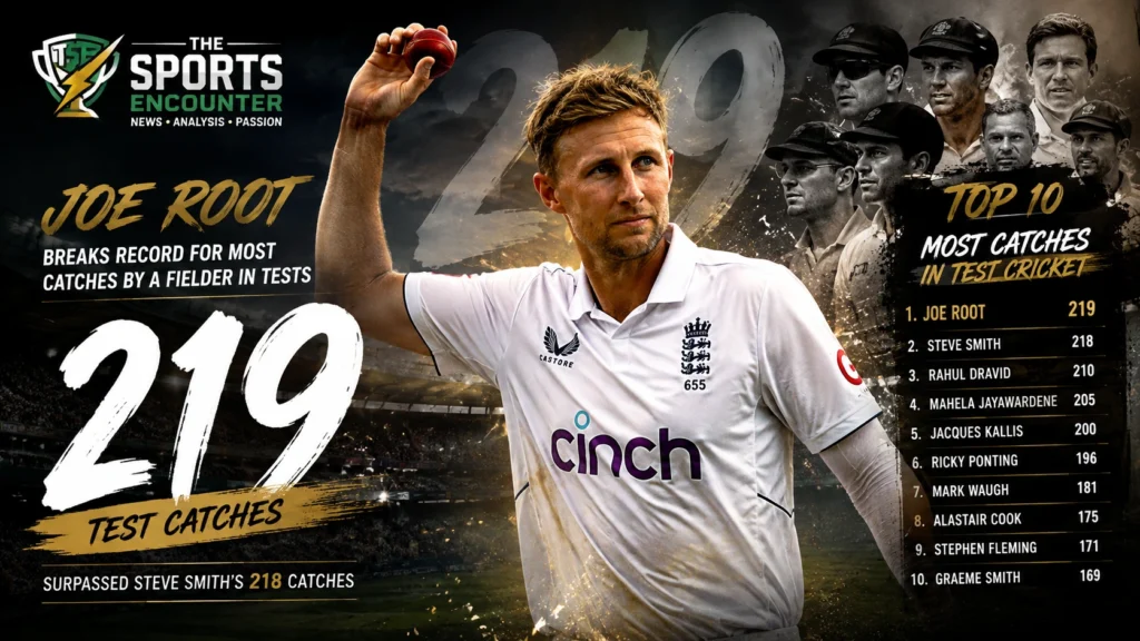 Joe Root celebrates after breaking the record for most catches by a non-wicketkeeper in Test cricket with 219 catches.