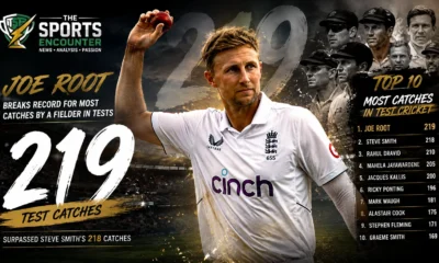 Joe Root celebrates after breaking the record for most catches by a non-wicketkeeper in Test cricket with 219 catches.