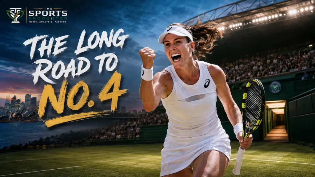Johanna Konta celebrates on a grass tennis court as scenes from her career, family life and rise to world No. 4 appear in the background.