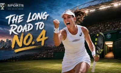 Johanna Konta celebrates on a grass tennis court as scenes from her career, family life and rise to world No. 4 appear in the background.