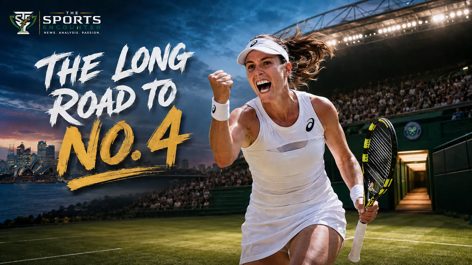 Johanna Konta celebrates on a grass tennis court as scenes from her career, family life and rise to world No. 4 appear in the background.