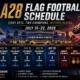LA28 Olympic flag football schedule graphic showing Exposition Park Stadium, preliminary rounds, semifinals and medal games from July 15 to July 22, 2028.