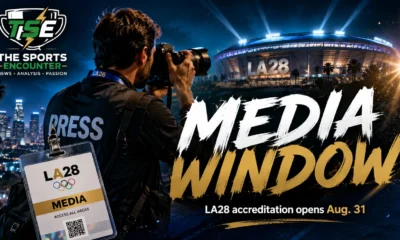 LA28 Olympic media accreditation graphic highlighting the August 31 opening of the press accreditation process and the global quota of 6,000 media places.