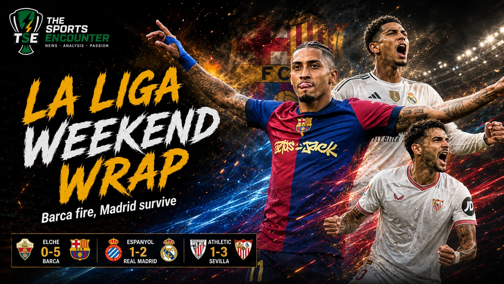 La Liga opening weekend graphic featuring Barcelona, Real Madrid, Sevilla and Atletico Madrid after a dramatic round of matches in Spain.
