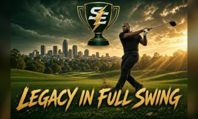 LeBron James swings a golf club on a dramatic course overlooking Akron in a cinematic graphic for his new Firestone Invitational.