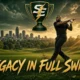 LeBron James swings a golf club on a dramatic course overlooking Akron in a cinematic graphic for his new Firestone Invitational.