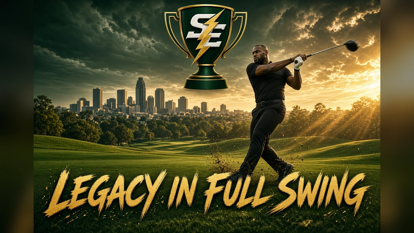 LeBron James swings a golf club on a dramatic course overlooking Akron in a cinematic graphic for his new Firestone Invitational.