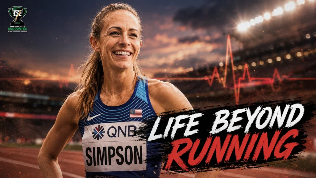 Jenny Simpson in a reflective athletics setting after revealing her diagnosis with Arrhythmogenic Right Ventricular Cardiomyopathy, a rare inherited heart condition.