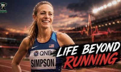 Jenny Simpson in a reflective athletics setting after revealing her diagnosis with Arrhythmogenic Right Ventricular Cardiomyopathy, a rare inherited heart condition.
