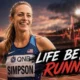 Jenny Simpson in a reflective athletics setting after revealing her diagnosis with Arrhythmogenic Right Ventricular Cardiomyopathy, a rare inherited heart condition.