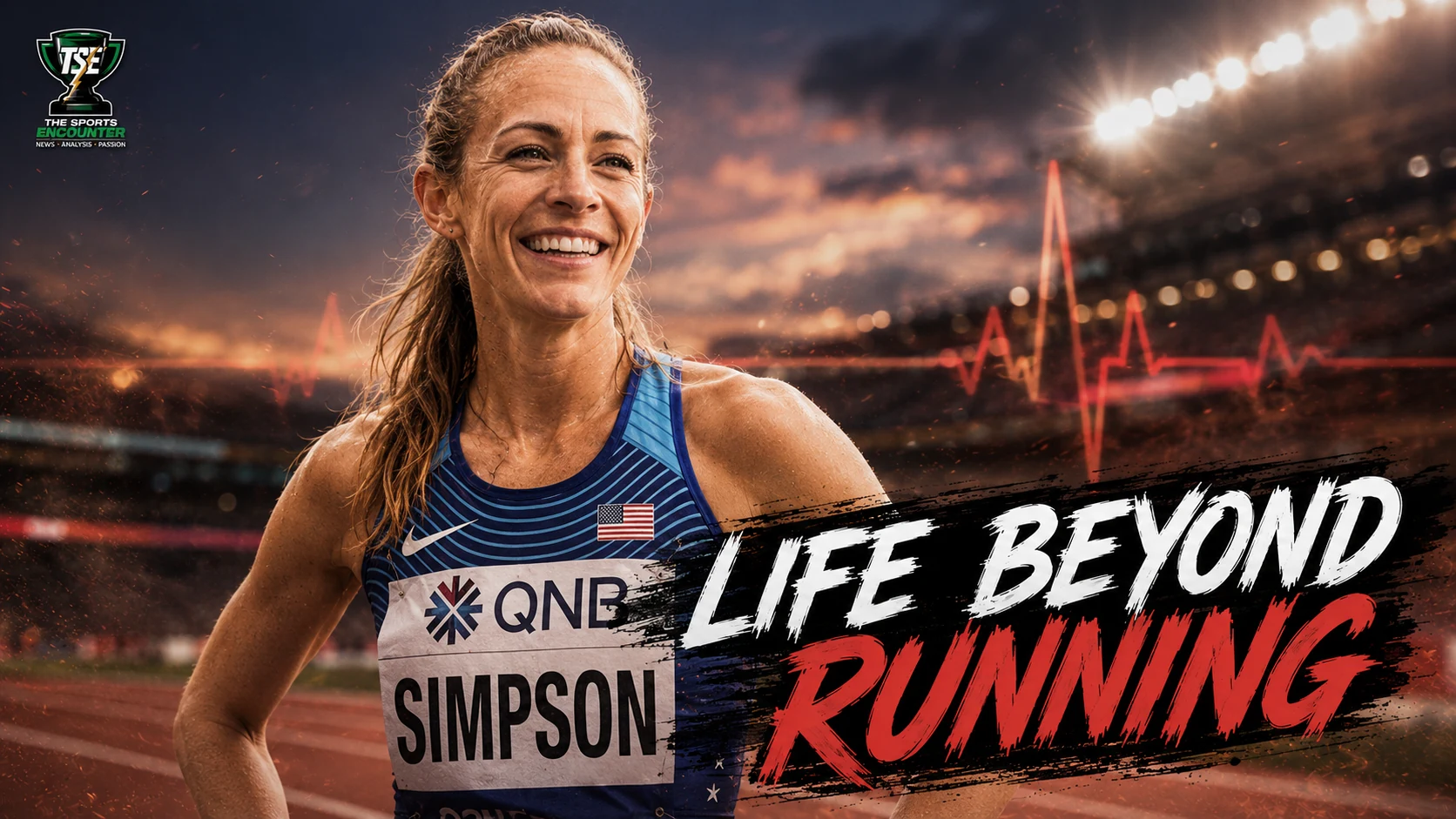 Jenny Simpson in a reflective athletics setting after revealing her diagnosis with Arrhythmogenic Right Ventricular Cardiomyopathy, a rare inherited heart condition.