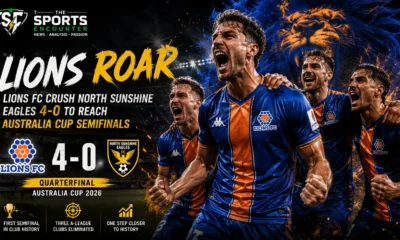 Lions FC players celebrate a 4-0 Australia Cup quarterfinal win over North Sunshine Eagles at a floodlit stadium.