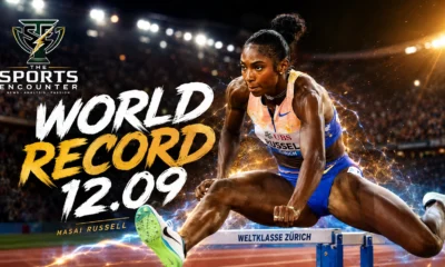 Masai Russell clears a hurdle during her 12.09 world-record run in the women’s 100m hurdles at the Zurich Diamond League.