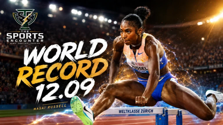 Masai Russell clears a hurdle during her 12.09 world-record run in the women’s 100m hurdles at the Zurich Diamond League.