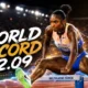 Masai Russell clears a hurdle during her 12.09 world-record run in the women’s 100m hurdles at the Zurich Diamond League.