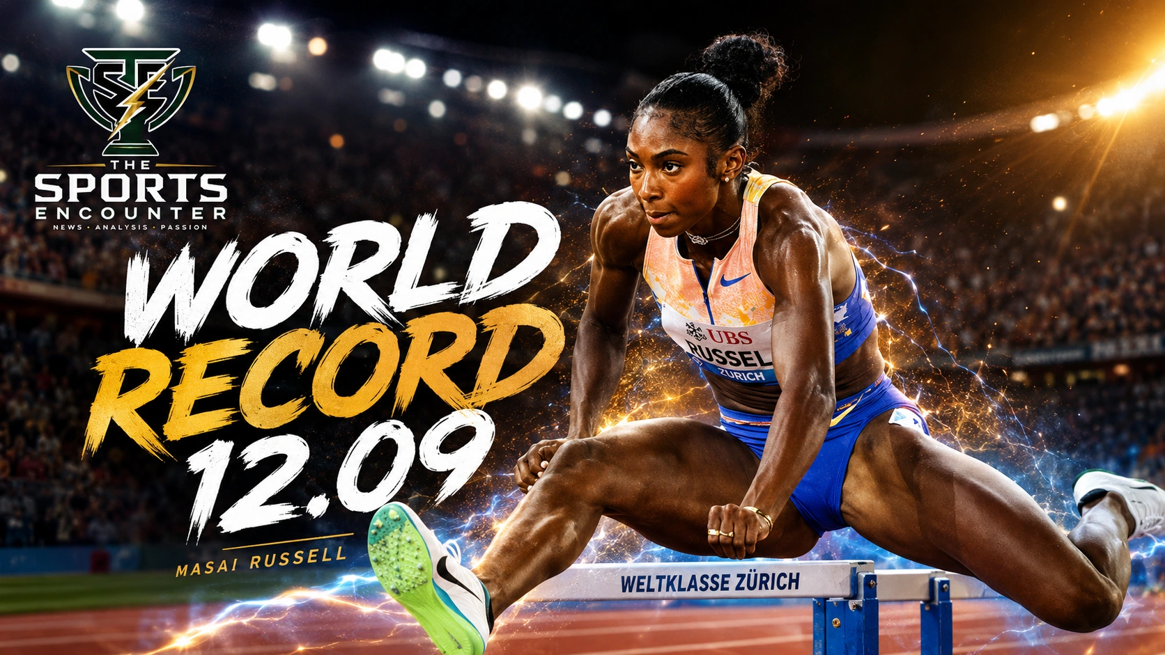 Masai Russell clears a hurdle during her 12.09 world-record run in the women’s 100m hurdles at the Zurich Diamond League.
