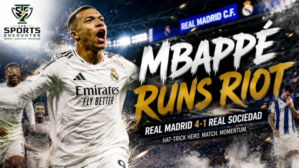 Kylian Mbappé celebrates for Real Madrid after scoring a hat-trick in a 4-1 La Liga win over Real Sociedad at the Santiago Bernabéu.