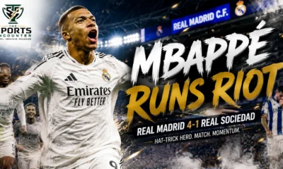 Kylian Mbappé celebrates for Real Madrid after scoring a hat-trick in a 4-1 La Liga win over Real Sociedad at the Santiago Bernabéu.