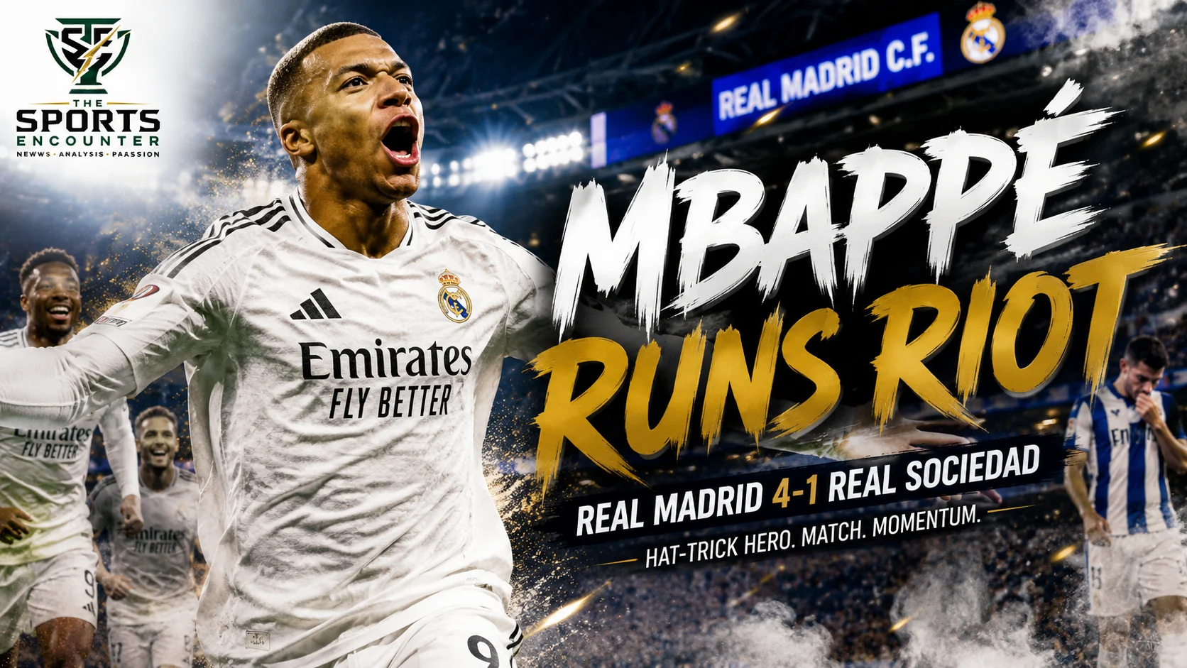 Kylian Mbappé celebrates for Real Madrid after scoring a hat-trick in a 4-1 La Liga win over Real Sociedad at the Santiago Bernabéu.