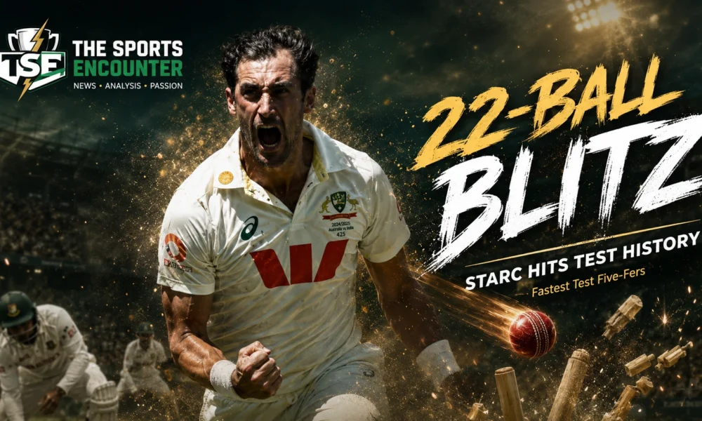 Mitchell Starc celebrates during Australia’s Test against Bangladesh in Mackay, highlighting his 22-ball five-wicket haul and the fastest five-fers in Test cricket history.