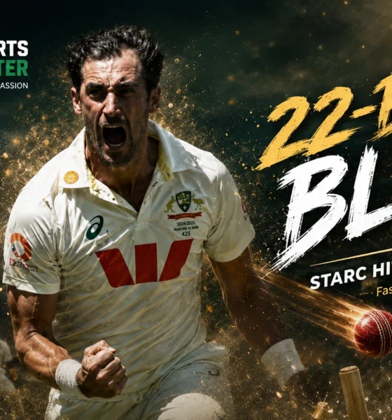 Mitchell Starc celebrates during Australia’s Test against Bangladesh in Mackay, highlighting his 22-ball five-wicket haul and the fastest five-fers in Test cricket history.