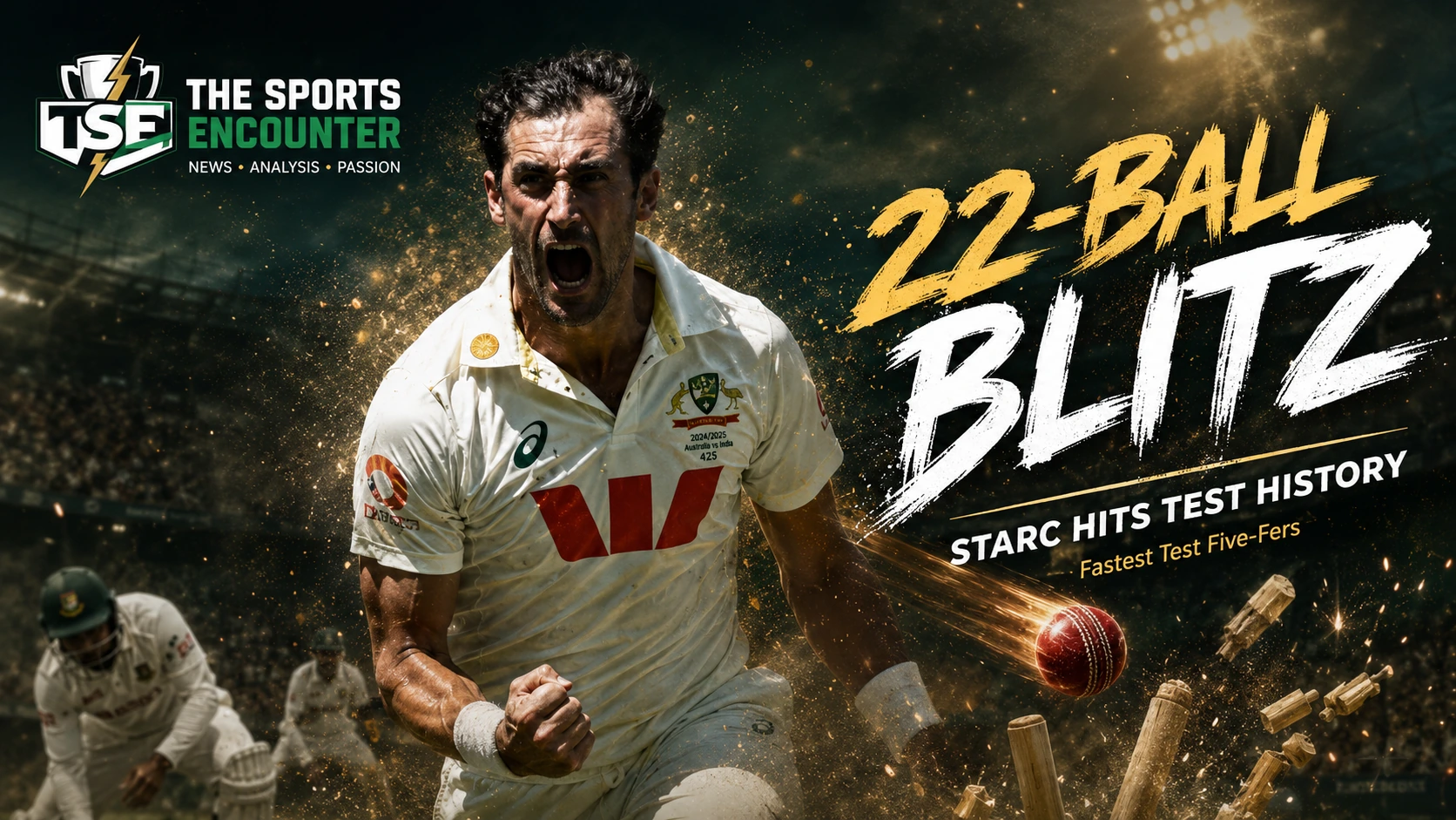 Mitchell Starc celebrates during Australia’s Test against Bangladesh in Mackay, highlighting his 22-ball five-wicket haul and the fastest five-fers in Test cricket history.