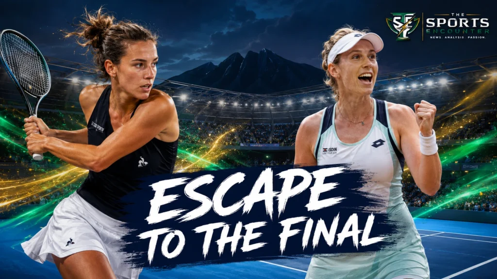 Diane Parry plays a backhand beside a celebrating Elise Mertens under the “Escape to the Final” headline in a cinematic Monterrey Open semifinal graphic.
