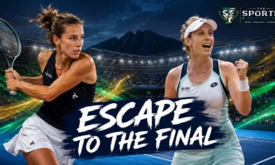 Diane Parry plays a backhand beside a celebrating Elise Mertens under the “Escape to the Final” headline in a cinematic Monterrey Open semifinal graphic.