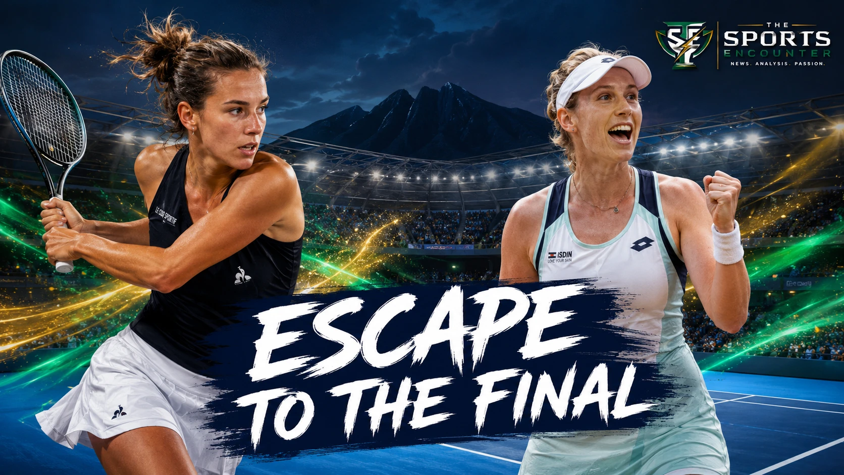 Diane Parry plays a backhand beside a celebrating Elise Mertens under the “Escape to the Final” headline in a cinematic Monterrey Open semifinal graphic.