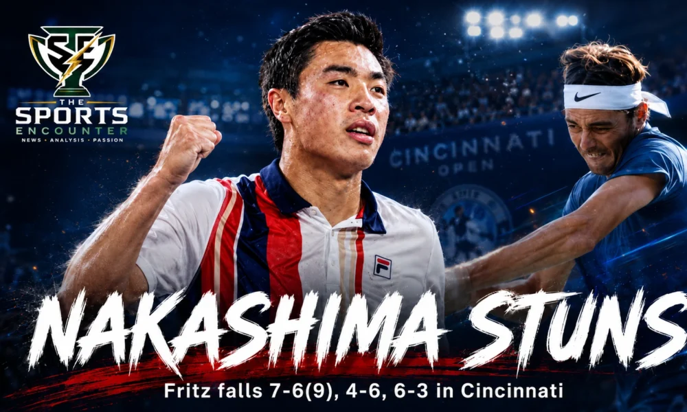 Brandon Nakashima celebrates after defeating Taylor Fritz in three sets to reach the 2026 Cincinnati Open semifinals.