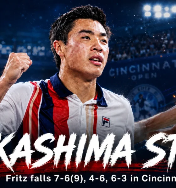 Brandon Nakashima celebrates after defeating Taylor Fritz in three sets to reach the 2026 Cincinnati Open semifinals.