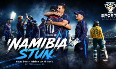 Namibia players celebrate an 18-run victory over South Africa in the 2026 T20I Tri-Series opener in Windhoek.