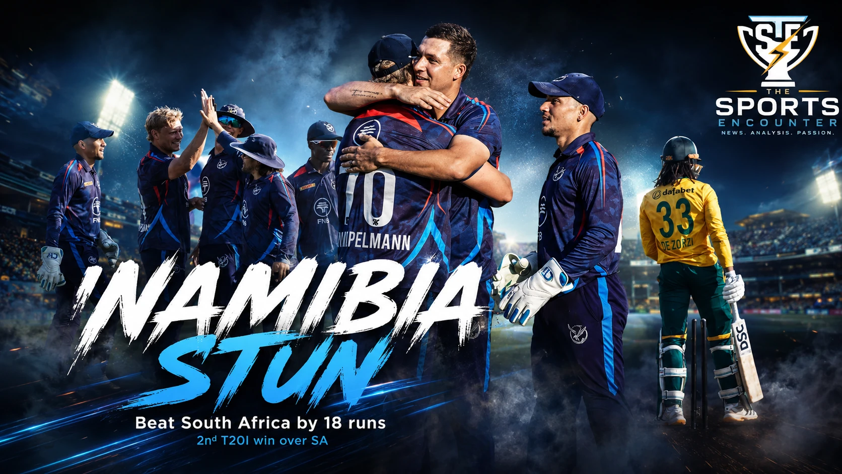 Namibia players celebrate an 18-run victory over South Africa in the 2026 T20I Tri-Series opener in Windhoek.