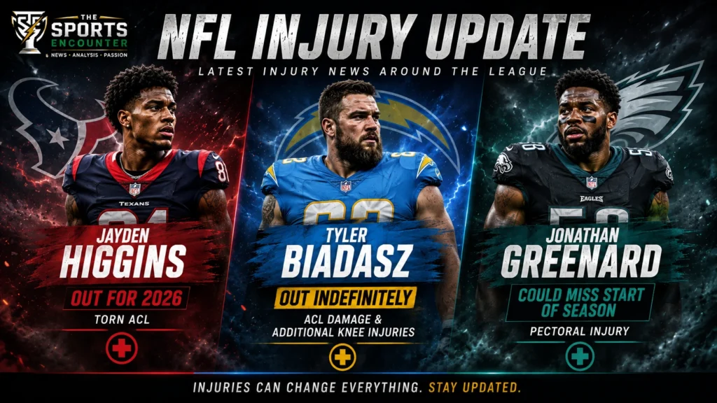 NFL injury update graphic featuring Jayden Higgins, Tyler Biadasz and Jonathan Greenard with the Texans, Chargers and Eagles.