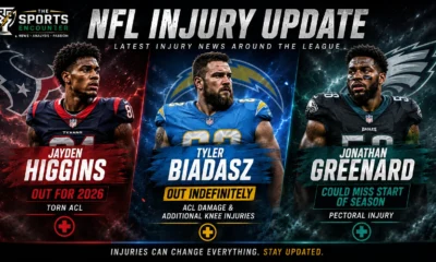 NFL injury update graphic featuring Jayden Higgins, Tyler Biadasz and Jonathan Greenard with the Texans, Chargers and Eagles.