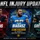 NFL injury update graphic featuring Jayden Higgins, Tyler Biadasz and Jonathan Greenard with the Texans, Chargers and Eagles.