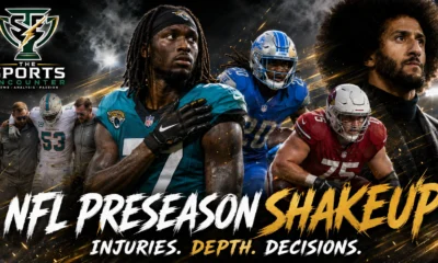 NFL preseason graphic featuring players from Miami, Jacksonville, Detroit and Arizona as injuries, roster depth and late-August decisions reshape teams before Week 1.