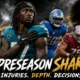 NFL preseason graphic featuring players from Miami, Jacksonville, Detroit and Arizona as injuries, roster depth and late-August decisions reshape teams before Week 1.