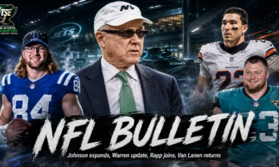 Woody Johnson, Tyler Warren, Taylor Rapp and Cole Van Lanen featured in a cinematic NFL bulletin visual covering ownership, injury and roster developments.