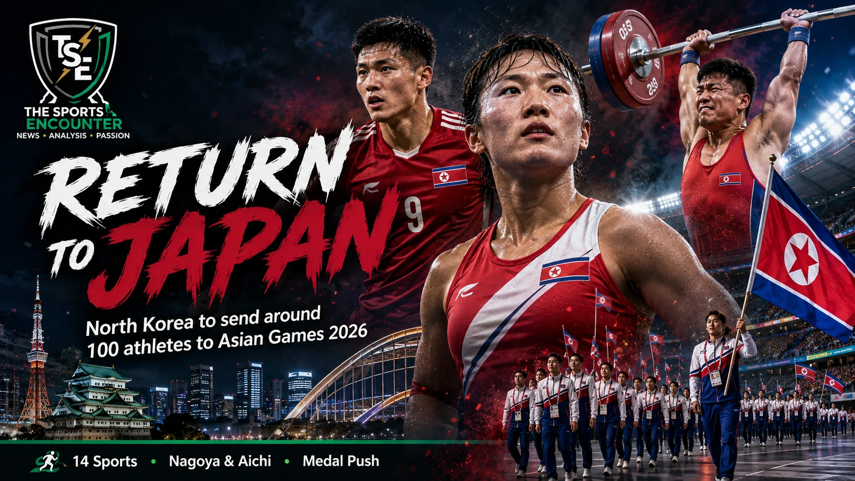 North Korean athletes preparing for the Aichi-Nagoya Asian Games 2026 in Japan, where the DPRK plans to send around 100 competitors across 14 sports.