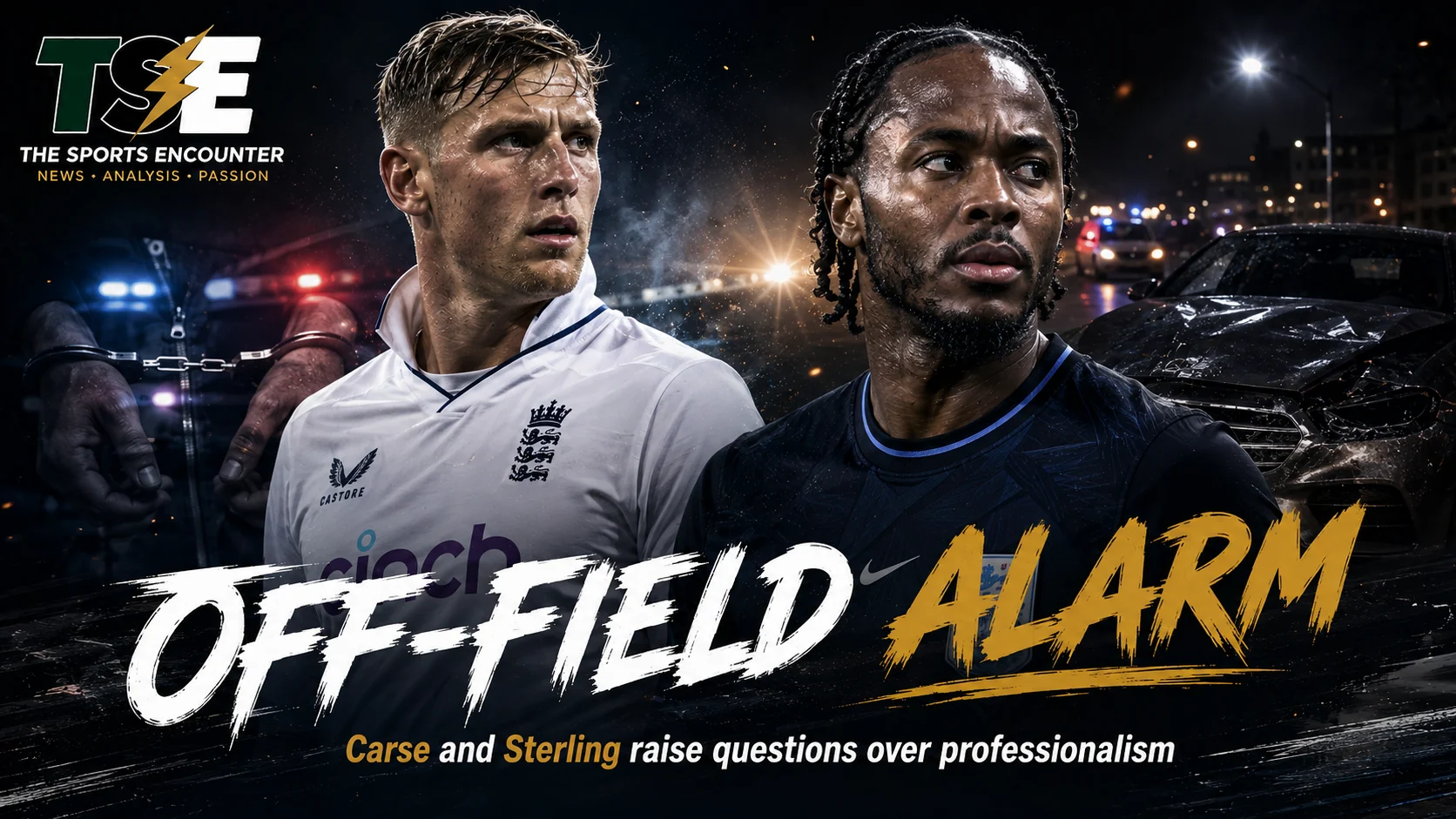 Brydon Carse and Raheem Sterling featured in an editorial image examining off-field conduct, professionalism and personal responsibility among English sportsmen.