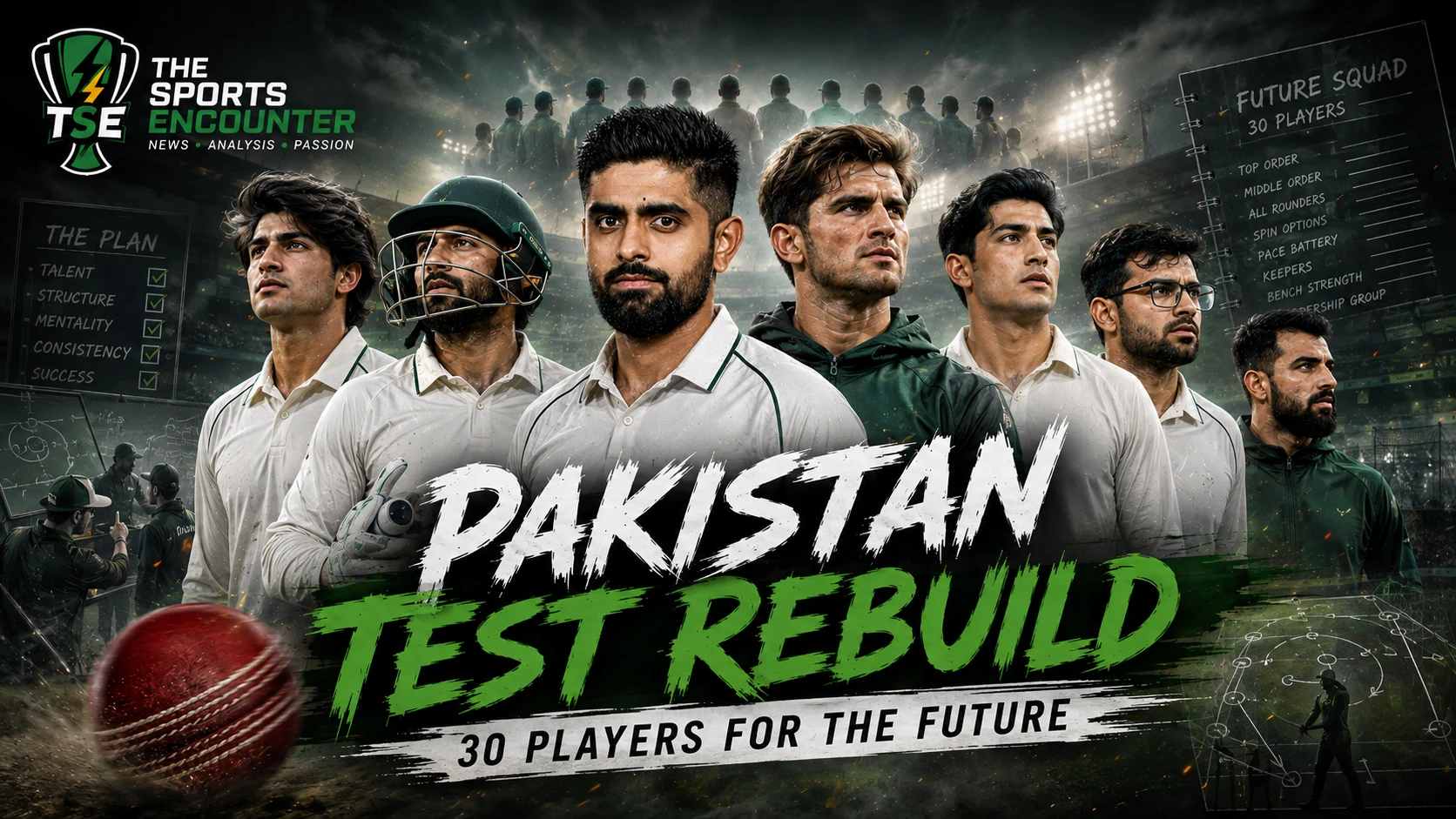 Pakistan cricket prospects and senior players representing the country’s future Test plans, highlighting PCB’s options to rebuild the red-ball squad after the England series.