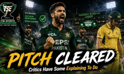 Gaddafi Stadium in Lahore under floodlights with Pakistan cricketers celebrating after the ICC removed the pitch demerit point from the third ODI against Australia.