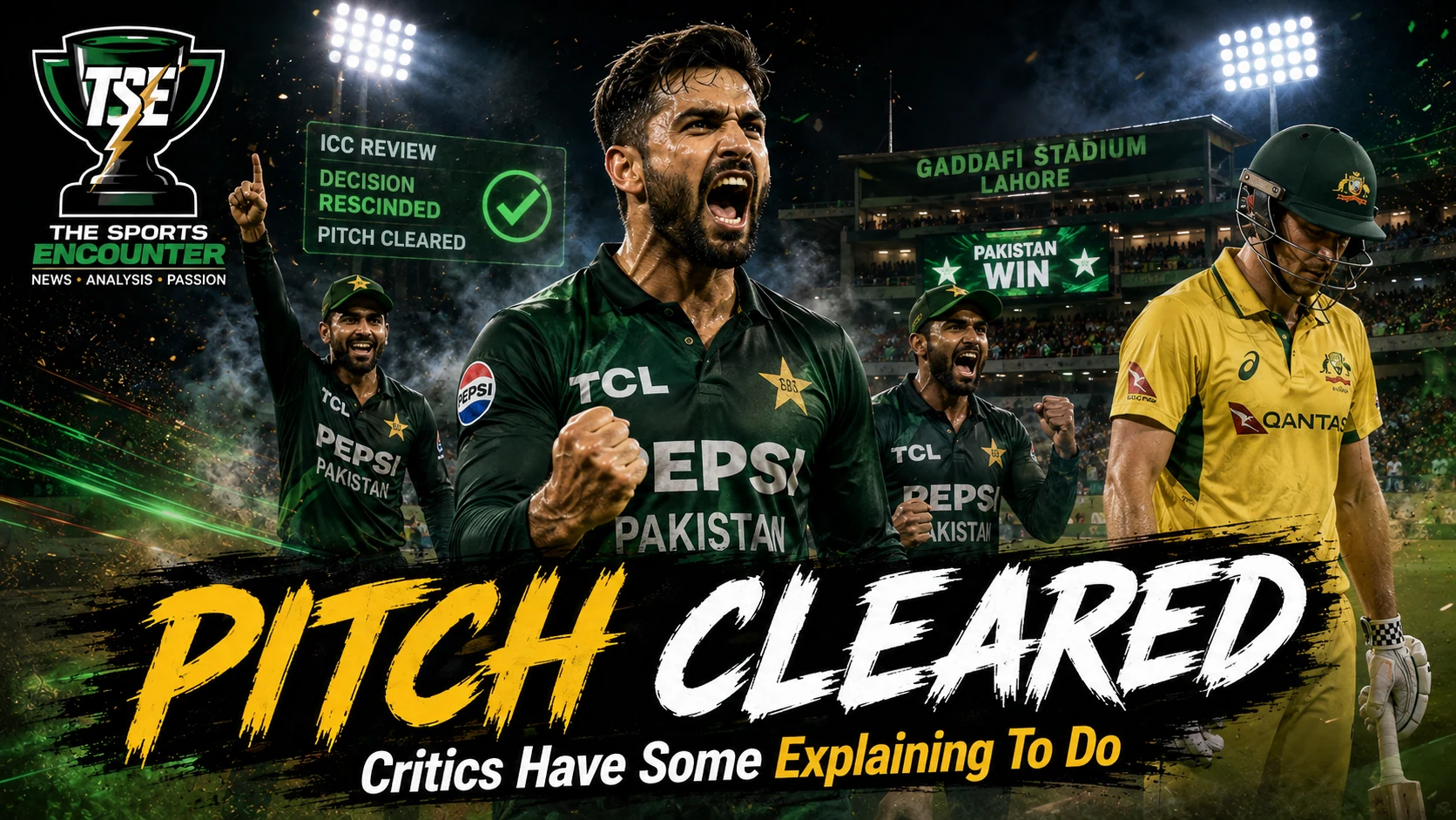 Gaddafi Stadium in Lahore under floodlights with Pakistan cricketers celebrating after the ICC removed the pitch demerit point from the third ODI against Australia.