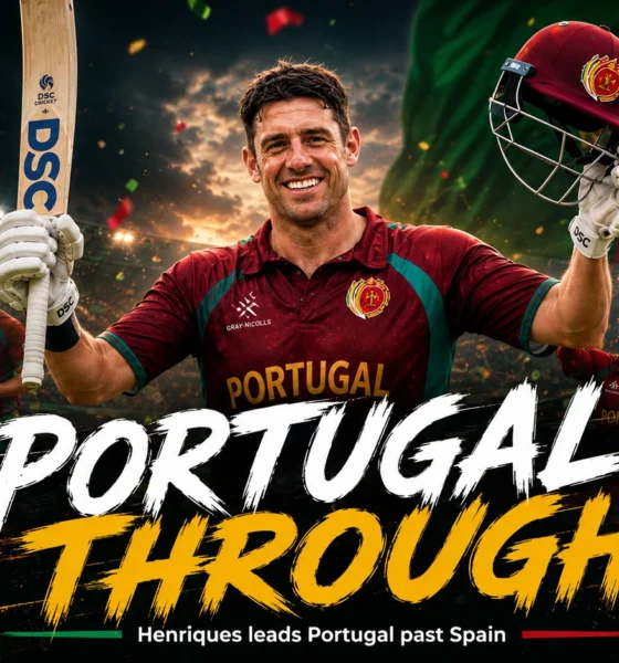 Portugal players celebrate after defeating Spain by 57 runs to win the ICC Men’s T20 World Cup Europe Sub-Regional Qualifier C and advance to the 2027 Europe Qualifier.